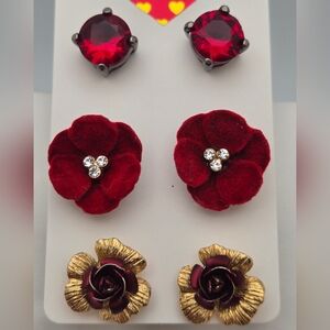 Vintage Set of 3 Red & Gold-Tone Crystal Flower Stud Earrings Roses Rhinestones